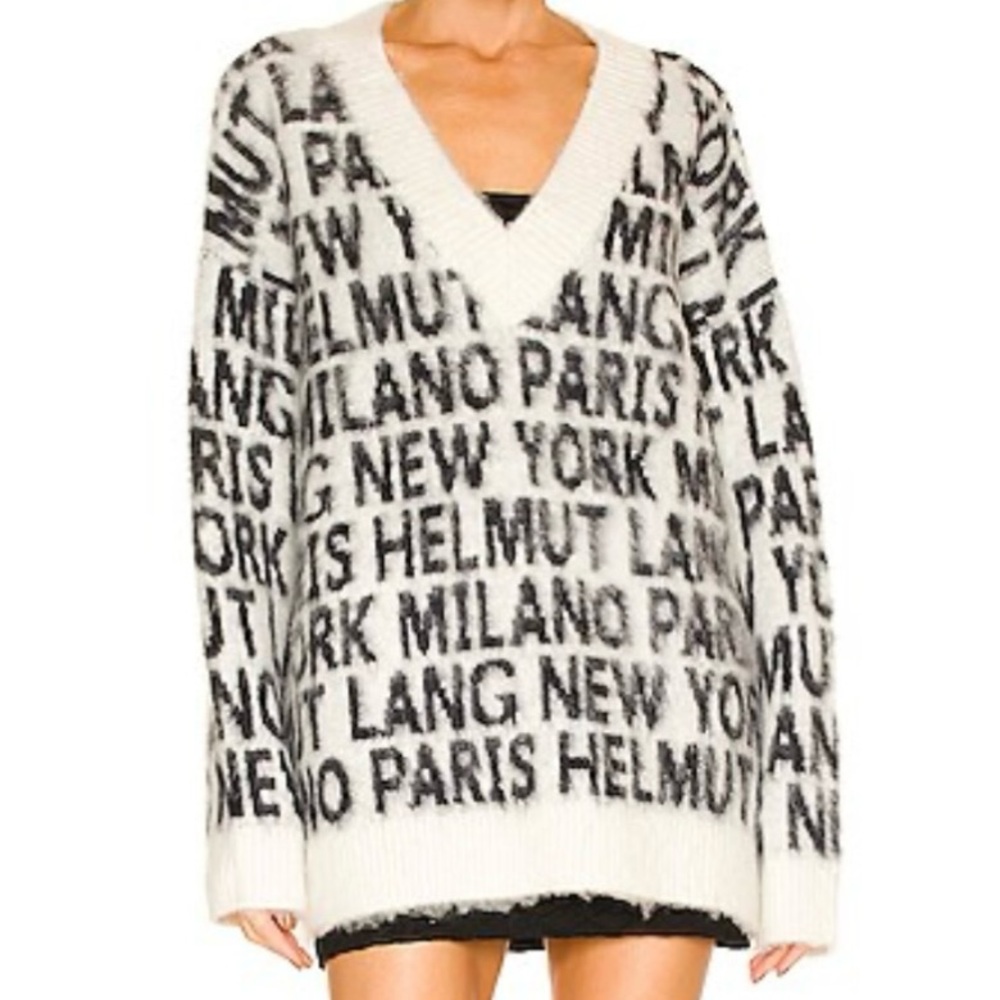 Helmut Lang Women's Oversized Black and Cream V-Neck Sweater